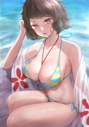 Rule 34 | 1girl, absurdres, between breasts, bikini, blue bikini, blue ribbon, breasts, brown eyes, brown hair, cleavage, collarbone, day, highres, kawakami sadayo, large breasts, looking at viewer, navel, open mouth, outdoors, persona, persona 5, ribbon, see-through, shirt, short hair, side-tie bikini bottom, sitting, solo, striped clothes, striped shirt, swimsuit, thighs, two-tone bikini, water, whistle, whistle around neck, yellow bikini, yousuketwelve