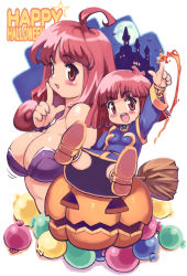 Rule 34 | 2girls, breasts, candy, cotton (character), cotton (game), food, halloween, large breasts, long hair, multiple girls, pumpkin, red eyes, red hair, short hair, silk (cotton)