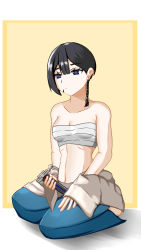 Rule 34 | asymmetrical hair, bare shoulders, black hair, braid, breasts, collarbone, energy sword, f (star wars), hand on lap, highres, holding, holding weapon, japanese clothes, kimono, lightsaber, looking afar, looking away, medium breasts, midriff, muscular, muscular female, on floor, open clothes, purple eyes, sarashi, scar, scar on face, simple background, sitting, star wars, star wars: visions, sword, weapon, white (user udep3524)