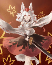 Rule 34 | 1girl, animal ears, black skirt, bridal gauntlets, brown background, detached sleeves, hair between eyes, hand gesture, hand up, hat, highres, holding, holding sword, holding weapon, inubashiri momiji, leaf print, lips, maple leaf print, pom pom (clothes), red eyes, ribbon-trimmed sleeves, ribbon trim, shirt, silver hair, skirt, solo, sword, tail, tokin hat, touhou, turtleneck, weapon, white shirt, wolf ears, wolf tail, zzzzzzzzzzzzzzp