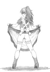 Rule 34 | 1girl, ass, back, bottomless, censored, choker, cleft of venus, clothes lift, full body, glasses, graphite (medium), greyscale, hair ornament, harumachi nagaaki, highres, long hair, maid, monochrome, no panties, open mouth, original, ponytail, pussy, ribbon, signature, skirt, skirt lift, solo, traditional media, wristband