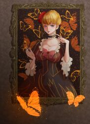 Rule 34 | 1girl, absurdres, beatrice (umineko), black choker, blonde hair, bow, breasts, bug, butterfly, choker, cleavage, flower, hair flower, hair ornament, highres, huyumi77, insect, jewelry, large breasts, lips, looking at viewer, orange butterfly, painting (object), pink lips, red flower, red rose, ring, rose, short hair, solo, umineko no naku koro ni