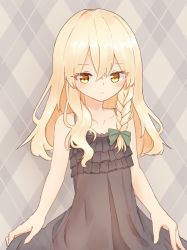 Rule 34 | 1girl, bare arms, bare shoulders, blonde hair, blush, braid, cinderella bust, collarbone, commentary, covered navel, flat chest, highres, kirisame marisa, light frown, lingerie, long hair, looking at viewer, marisuku, negligee, out-of-frame censoring, plaid, plaid background, see-through, side braid, single braid, solo, touhou, underwear, wavy hair, yellow eyes