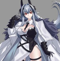Rule 34 | 1girl, absurdres, armored gloves, asymmetrical dress, azur lane, black gloves, black hair, breasts, cleavage, cleavage cutout, closed mouth, clothing cutout, coat, commentary, cowboy shot, fur-trimmed coat, fur trim, gloves, grey background, hair between eyes, hair intakes, highres, horns, kursk (azur lane), large breasts, long hair, looking at viewer, multicolored hair, necktie, ouka (sakura oinari), red eyes, simple background, streaked hair, two-tone dress, white hair
