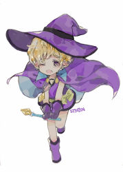 Rule 34 | 00s, 1girl, bare legs, blonde hair, boots, child, fang, full body, gloves, hat, jewelry, necklace, one eye closed, open mouth, purple eyes, simple background, siyojin, solo, sugar sugar rune, vanilla mieux, white background, witch, witch hat