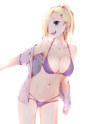 Rule 34 | 1girl, :d, arm at side, azuki (krps-hano), backlighting, bad id, bad pixiv id, bikini, bikini under clothes, blonde hair, blue eyes, breasts, cleavage, collarbone, cowboy shot, earrings, hair ornament, hair over one eye, hairclip, halterneck, highres, jewelry, large breasts, leaning forward, legs apart, long hair, looking back, manatsuki manata, multi-strapped bikini bottom, naruto, naruto (series), navel, off shoulder, one eye covered, open clothes, open mouth, open shirt, outstretched arm, ponytail, puffy short sleeves, puffy sleeves, purple bikini, shirt, short sleeves, simple background, smile, solo, stomach, string bikini, stud earrings, swimsuit, swimsuit under clothes, white background, yamanaka ino
