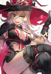 Rule 34 | 1girl, armlet, black cape, black footwear, black gloves, blonde hair, boots, bra, breasts, cape, cleavage, clothing cutout, crossed legs, fang, gloves, hair between eyes, hat, hungry clicker, invisible chair, large breasts, long hair, looking at viewer, navel cutout, nijisanji, nui sociere, nui sociere (1st costume), open mouth, partially fingerless gloves, red bra, sitting, skin fang, sleeveless, smile, solo, thigh boots, thighhighs, thighhighs under boots, torn clothes, torn hat, underwear, virtual youtuber, witch hat, yellow eyes