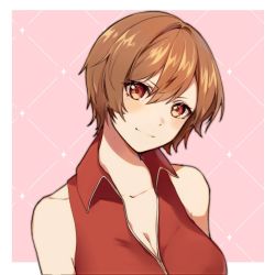 Rule 34 | 1girl, bare shoulders, breasts, brown eyes, cleavage, collarbone, commentary, english commentary, head tilt, light blush, looking at viewer, medium breasts, meiko (vocaloid), pink background, red shirt, shirt, short hair, sleeveless, sleeveless shirt, smile, solo, upper body, vocaloid, yen-mi