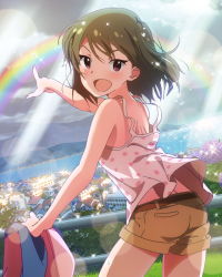 Rule 34 | 10s, 1girl, :d, artist request, brown hair, cityscape, flower, hydrangea, idolmaster, idolmaster million live!, jpeg artifacts, light rays, looking at viewer, looking back, nagayoshi subaru, official art, open mouth, pointing, purple eyes, rainbow, short hair, shorts, smile, sunbeam, sunlight, tank top
