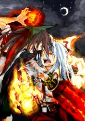 Rule 34 | 2girls, alternate weapon, angry, arm cannon, battle, bow, brown hair, cape, close-up, crescent moon, eye contact, female focus, fire, flaming hand, fujiwara no mokou, hair bow, hair ribbon, highres, long hair, looking at another, magic, moon, multiple girls, open mouth, pants, radiation symbol, red eyes, reiuji utsuho, ribbon, shigurio, silver hair, suspenders, torn clothes, touhou, weapon, wings