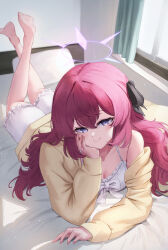 Rule 34 | 1girl, absurdres, alternate costume, artistic error, bad feet, barefoot, bed, bed sheet, blue archive, blush, breasts, camisole, cleavage, closed mouth, curtains, hair between eyes, halo, highres, indoors, iroha (blue archive), long hair, long sleeves, lying, on stomach, pillow, purple eyes, purple halo, red hair, smile, solo, the pose, white camisole, window, yakishio
