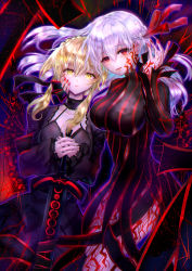 Rule 34 | 2girls, angra mainyu (fate), artoria pendragon (all), artoria pendragon (fate), blonde hair, body markings, braid, breasts, choker, closed mouth, corruption, crown braid, dark persona, dark sakura, dress, dress of heaven, empty eyes, evil, excalibur morgan (fate), fate/stay night, fate (series), fingernails, floating hair, frown, hair between eyes, hair ribbon, halter dress, halterneck, hand on another&#039;s cheek, hand on another&#039;s face, heaven&#039;s feel, highres, large breasts, long hair, long sleeves, looking at viewer, matou sakura, multiple girls, nail polish, open mouth, possessed, possession, purple dress, red eyes, red nails, red ribbon, ribbon, saber alter, shrug (clothing), sleeves past wrists, slit pupils, striped clothes, striped dress, sword, tsukigime (fool ehle), turtleneck, vertical-striped clothes, vertical-striped dress, weapon, white hair, yellow eyes
