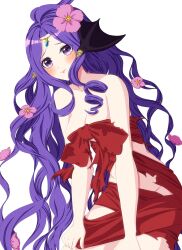 1girl black_wings blue_gemstone blush borozoukin bow breasts cleavage closed_mouth commentary_request cowboy_shot demon_wings flower gem hair_flower hair_ornament head_wings highres long_hair looking_at_viewer medium_breasts naked_ribbon nidhoggr_(ragnarok_online) nude pink_flower purple_eyes purple_hair ragnarok_online raised_eyebrows red_bow ribbon simple_background solo very_long_hair wavy_hair white_background wings