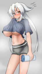 Rule 34 | 1girl, absurdres, alternate costume, breasts, brown eyes, contrapposto, cowboy shot, dark-skinned female, dark skin, dated, grey background, grey hair, grey shirt, grey shorts, highres, kantai collection, large breasts, looking at viewer, low twintails, maru (marg0613), musashi (kancolle), navel, shirt, short shorts, shorts, solo, t-shirt, tumbler, twintails, twitter username, underboob