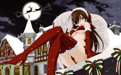 Rule 34 | 1girl, ass, bra, breasts, brown hair, christmas, green eyes, high heels, highres, large breasts, long hair, moon, night, nyx (queen&#039;s blade), open mouth, panties, queen&#039;s blade, shoes, sitting, snow, underwear