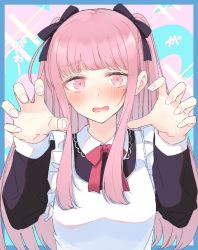 Rule 34 | 1girl, apron, black dress, black ribbon, blue border, blush, border, bow, bowtie, collared shirt, copyright request, dress, fingernails, hair ribbon, hands up, highres, long hair, long sleeves, looking at viewer, maid, mole, mole under eye, nekoume, open mouth, pink eyes, pink hair, red bow, red bowtie, redrawn, ribbon, shirt, solo, twintails, upper body, white apron, wing collar