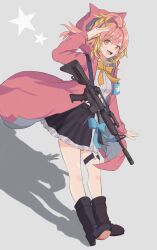 Rule 34 | 1girl, absurdres, animal ear hood, arm at side, assault rifle, black skirt, blonde hair, blue bow, boots, botan (oacdrykafjf3g3d), bow, bow skirt, bowtie, brown footwear, commentary request, fake animal ears, full body, grey background, gun, hand up, highres, hira hikari, hood, hood up, hooded jacket, jacket, long sleeves, looking at viewer, miniskirt, multicolored hair, nanashi inc., open clothes, open jacket, open mouth, pink hair, pink jacket, rifle, shadow, shirt, simple background, skirt, smile, solo, standing, virtual youtuber, weapon, white shirt, yellow bow, yellow bowtie