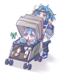 Rule 34 | aged down, baby carrier, blue eyes, blue hair, bug, butterfly, flying sweatdrops, green eyes, highres, hololive, hololive indonesia, holostars, holostars english, insect, kobo kanaeru, long hair, monja (monja0521), multicolored hair, multiple boys, regis altare, short hair, virtual youtuber, white background, white hair