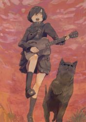 Rule 34 | 1girl, acoustic guitar, bad id, bad pixiv id, blush, cat, dog, guitar, hair over one eye, headphones, highres, instrument, loafers, nimirom, open mouth, original, scarf, shoes, short hair, skirt, sky, solo, walking