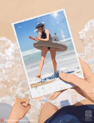 Rule 34 | 1girl, barefoot, beach, bun cover, clenched hand, day, double bun, full body, hair bun, hands up, highres, holding, holding photo, kan liu (666k), leg up, one-piece swimsuit, original, outdoors, photo (object), pointy ears, polaroid, sand, sky, standing, standing on one leg, swim ring, swimsuit, water, waves