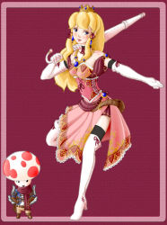 Rule 34 | 1girl, blonde hair, blue eyes, boots, crown, gloves, hat, highres, jewelry, mario (series), necklace, nintendo, princess peach, solo, thigh boots, thighhighs, toad (mario), umbrella