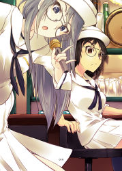Rule 34 | 2girls, arm support, bar (place), beer keg, bespectacled, black-framed eyewear, black eyes, black hair, black neckerchief, blouse, bottle, closed mouth, cup, dixie cup hat, drinking glass, elbow rest, flint (girls und panzer), frown, girls und panzer, glass, glasses, grey eyes, grey hair, hat, highres, holding, holding microphone, indoors, kaya (nari1-24), leaning back, leaning forward, leaning to the side, long hair, long skirt, long sleeves, looking at viewer, microphone, military hat, miniskirt, multiple girls, murakami (girls und panzer), \\n/, neckerchief, ooarai naval school uniform, open mouth, pleated skirt, sailor, sailor collar, school uniform, shirt, sitting, skirt, sleeves rolled up, standing, standing on one leg, stool, tilted headwear, white headwear, white shirt, white skirt