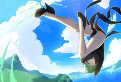 Rule 34 | 1girl, arms up, ass, aura, black dress, breasts, closed mouth, cloud, cloudy sky, commentary, curly hair, dress, english commentary, floating, full body, green eyes, green hair, highres, levitation, looking at viewer, no panties, one-punch man, petite, pomelomelon, psychic, short hair, side slit, sky, small breasts, solo, tatsumaki, telekinesis, thighs, upside-down