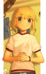 Rule 34 | 1girl, ahoge, artoria pendragon (all), artoria pendragon (fate), blonde hair, boa (brianoa), book, closed mouth, fate/stay night, fate (series), green eyes, highres, interlocked fingers, lipstick, looking at viewer, lying, makeup, on back, own hands together, puffy short sleeves, puffy sleeves, saber (fate), shirt, short sleeves, smile, solo, white shirt