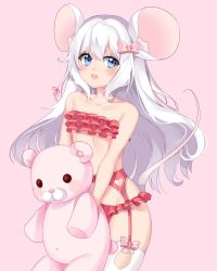 Rule 34 | 1boy, absurdres, animal ears, blue eyes, blush, buck teeth, collarbone, commission, cowboy shot, hair between eyes, hair ribbon, highres, long hair, looking at viewer, male focus, mouse (animal), mouse boy, mouse ears, mouse tail, open mouth, original, pink background, ribbon, simple background, solo, standing, stuffed animal, stuffed toy, tail, teddy bear, teeth, trap, yaya chan