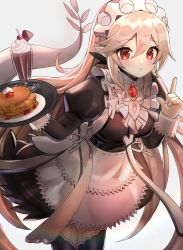 Rule 34 | 1girl, absurdres, cappu, commentary, corrin (female) (fire emblem), corrin (fire emblem), cowboy shot, dragon girl, dragon tail, english commentary, fire emblem, fire emblem fates, grey background, grey hair, hair between eyes, highres, holding, holding tray, long sleeves, maid, maid headdress, nintendo, pointy ears, red eyes, simple background, solo, standing, tail, thighhighs, tray