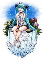 Rule 34 | 1girl, bad id, bad pixiv id, barefoot, bracelet, crown, daffodil, feet, flower, food, grass, green hair, hair between eyes, hair ornament, hatsune miku, jewelry, kahadu (kawazu), lily (flower), long hair, mouth hold, petals, pudding, ribbon, skirt, sky, solo, song name, spoon, teeth hold, tulip, twintails, utensil in mouth, very long hair, vocaloid, world is mine (vocaloid)