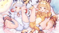 Rule 34 | 2girls, animal ears, animal hood, animal print, bai (granblue fantasy), barefoot, bell, blonde hair, blush, breasts, erune, fang, feet, granblue fantasy, grey hair, highres, hood, huang (granblue fantasy), jingle bell, long sleeves, looking at viewer, lying, multiple girls, on back, open mouth, pajamas, paw pose, pillow, red eyes, siblings, sisters, small breasts, smile, spread legs, tail, tiger ears, tiger girl, tiger hood, tiger print, tiger stripes, tiger tail, twins, twintails, yellowpaint.