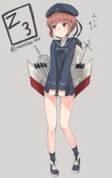 Rule 34 | 10s, 1girl, brown eyes, brown hair, character name, clothes writing, dress, full body, hat, highres, kantai collection, long sleeves, machinery, neckerchief, sailor dress, sailor hat, short hair, sidelocks, solo, twitter username, yusachiko, z3 max schultz (kancolle)