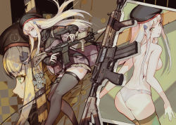 Rule 34 | 1girl, ass, assault rifle, beret, black thighhighs, blunt bangs, blush, breasts, closed mouth, clothes writing, facial mark, girls&#039; frontline, gloves, green eyes, gun, h&amp;k hk416, hair ornament, hat, heckler &amp; koch, highres, hk416 (girls&#039; frontline), holding, holding gun, holding weapon, jacket, long hair, looking at viewer, medium breasts, multiple views, name connection, object namesake, panties, parted lips, plaid, plaid skirt, rifle, silver hair, skirt, softmode, teardrop, thighhighs, topless, trigger discipline, underwear, very long hair, weapon, white panties