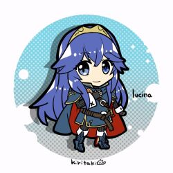 Rule 34 | 1girl, artist name, blue cape, blue eyes, blue footwear, brand of the exalt, cape, character name, chibi, chibi only, closed mouth, fingerless gloves, fire emblem, fire emblem awakening, full body, gloves, hand on own chest, kiritaki, long hair, long sleeves, looking at viewer, lucina (fire emblem), nintendo, red cape, smile, solo, symbol in eye, tiara, two-tone cape, very long hair