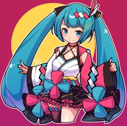 Rule 34 | 1girl, artist name, black skirt, black thighhighs, blue bow, blue eyes, blue hair, blunt bangs, blush, bow, breasts, closed mouth, commentary, cropped legs, dated, detached sleeves, english commentary, frilled skirt, frills, hair ornament, hatsune miku, japanese clothes, kimono, legs together, long hair, looking at viewer, magical mirai miku, magical mirai miku (2020 summer), miniskirt, obi, outline, outstretched arms, pink bow, print skirt, sash, shide, signature, simple background, single thighhigh, skirt, smile, solo, split mouth, thighhighs, twintails, umenodo, very long hair, vocaloid, waist bow, white outline, wide sleeves