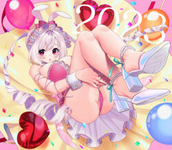 Rule 34 | 1girl, 2023, 786(nayam), animal ears, ass, balloon, blue nails, breasts, chinese zodiac, confetti, dress, drill hair, fake animal ears, frilled dress, frills, green ribbon, heart balloon, high heels, highres, large breasts, lying, new year, on back, original, partially visible vulva, pearl anklet, pink dress, pink eyes, purple hair, rabbit ears, ribbon, solo, tearing up, twintails, twitter username, white footwear, white wrist cuffs, wrist cuffs, year of the rabbit