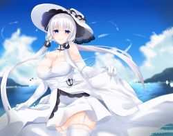 Rule 34 | 1girl, azur lane, blue eyes, breasts, day, dress, elbow gloves, garter straps, gloves, hat, highres, illustrious (azur lane), large breasts, looking at viewer, low twintails, mole, mole under eye, outdoors, sky, smile, solo, surota, thighhighs, twintails, white dress, white gloves, white hair, zettai ryouiki