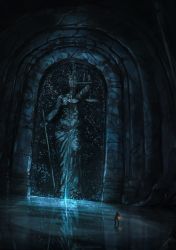 Rule 34 | 1other, absurdres, anato finnstark, artist name, dark souls (series), door, doorway, dutch angle, facing away, glowing, highres, holding, holding sword, holding weapon, indoors, knight, lady justice, light rays, scenery, solo, standing, sword, very wide shot, weapon