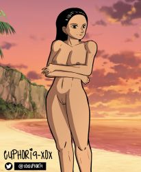 Rule 34 | beach, black hair, crossed arms, euphoria-xox, highres, looking to the side, nico robin, nude, one piece, pirate, public indecency, public nudity, smile, standing, sunset