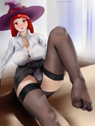 Rule 34 | absurdres, feet, highres, legs, no shoes, panties, red eyes, red hair, shoshinsha, thighhighs, underwear, witch