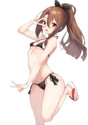 Rule 34 | 1girl, :d, alternate costume, bare arms, bare legs, bikini, black bikini, black bow, blush, bow, breasts, brown eyes, brown hair, center-flap bangs, commentary, double v, flip-flops, foot out of frame, hair between eyes, hair bow, hand up, high ponytail, highres, kantai collection, long hair, looking at viewer, micro bikini, open mouth, sandals, side-tie bikini bottom, sidelocks, simple background, skindentation, small breasts, smile, solo, standing, standing on one leg, stomach, string bikini, swimsuit, symbol-only commentary, v, white background, zarashi, zuihou (kancolle)