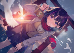 Rule 34 | 1girl, bird, black hair, breath, cloud, coat, commentary request, dove, ema, flock, leaning forward, looking at viewer, multicolored hair, open clothes, open coat, original, outdoors, purple eyes, purple hair, scarf, short hair, skirt, sky, smile, solo, streaked hair, sunrise, torii, vest, yasumo (kuusouorbital)