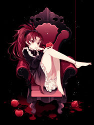 Rule 34 | 1girl, apple, ayumaru (art of life), bare legs, barefoot, black background, black dress, blood, blood splatter, bow, chair, dress, feet, finger to mouth, food, frilled dress, frills, fruit, full body, hair bow, highres, holding, holding food, holding fruit, licking lips, long hair, long sleeves, looking at viewer, magical girl, mahou shoujo madoka magica, mahou shoujo madoka magica (anime), panties, pantyshot, parted bangs, ponytail, red eyes, red hair, sakura kyoko, simple background, sitting, solo, thick thighs, thighs, tongue, tongue out, underwear, upskirt