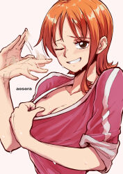 Rule 34 | 1girl, afterimage, aosora2823, blush, breasts, brown eyes, cleavage, fanning self, grin, highres, hot, large breasts, looking at viewer, motion lines, nami (one piece), one eye closed, one piece, orange hair, pink shirt, shirt, short hair, simple background, sleeves rolled up, smile, solo, upper body