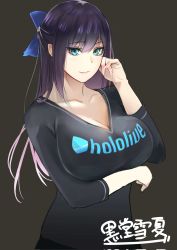 Rule 34 | 1girl, a-chan (hololive), alternate breast size, alternate hair length, alternate hairstyle, aqua eyes, arm under breasts, artist name, black background, black shirt, blue bow, bow, breasts, cleavage, collarbone, hair behind ear, hair bow, highres, hololive, large breasts, long hair, looking at viewer, pink shirt, shirt, smile, solo, virtual youtuber, yukina kokudo