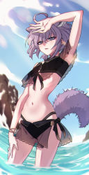 Rule 34 | 1girl, ahoge, animal ear fluff, animal ears, arknights, arm up, armpits, bikini, black bikini, black eyes, blue sky, cowboy shot, day, extra ears, flat chest, fox ears, fox girl, fox tail, gluteal fold, hand on own head, highres, kimo suna, looking at viewer, navel, official alternate costume, outdoors, parted lips, purple hair, rock, see-through, short hair, sky, solo, stomach, sussurro (arknights), sussurro (summer flower) (arknights), swimsuit, tail, wading, water, wristband