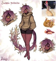 Rule 34 | 1girl, absurdres, closed mouth, colored skin, drawstring, closed eyes, food, hair over one eye, hands in pockets, highres, hood, hood down, jacket, long sleeves, matilda fiship, monster girl, multiple views, open clothes, original, photo-referenced, plant girl, potato, saliva, shorts, sleeping, standing, sweet potato, tail, yellow eyes