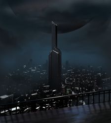 Rule 34 | bad id, bad pixiv id, black theme, city, city lights, cityscape, cloud, cloudy sky, floating, floating object, highres, machi (game), night, night sky, no humans, outdoors, railing, scenery, sky, tark (318), tower