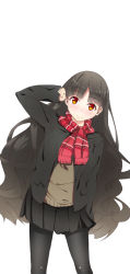 Rule 34 | 1girl, arm up, bad id, bad pixiv id, black hair, black pantyhose, long hair, long image, looking at viewer, orange eyes, original, pantyhose, plaid, plaid scarf, red scarf, scarf, school uniform, simple background, skirt, smile, solo, tall image, undo-chuu, white background